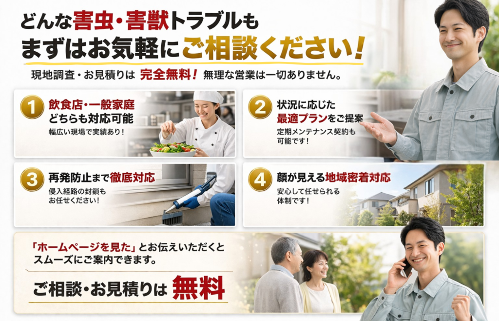 こんな害虫・害獣のお悩みはまずはお気軽にご相談ください。【福岡の害虫駆除はよろづや】